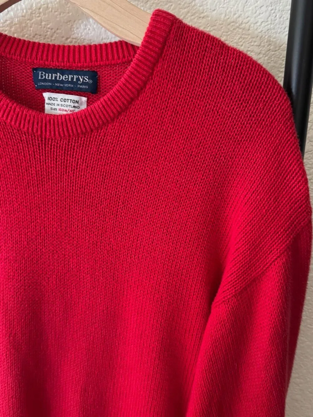Vintage Burberry Bright Red Cotton Knit Sweater Size Medium